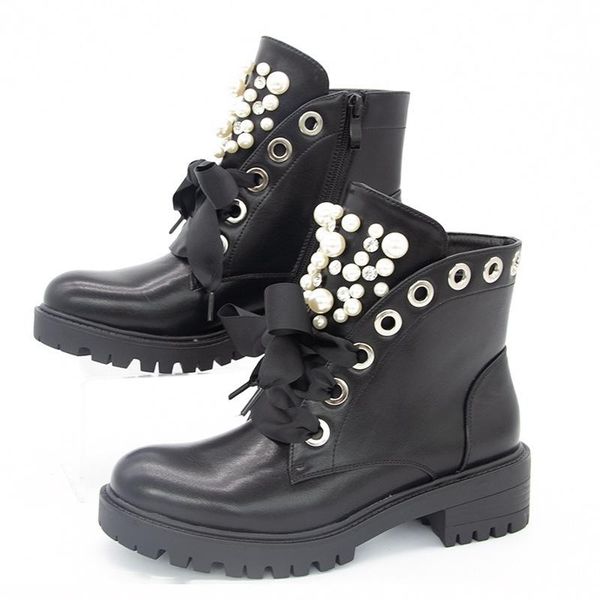 

boots women short leather ankle motorcycle shoes pearl, Black