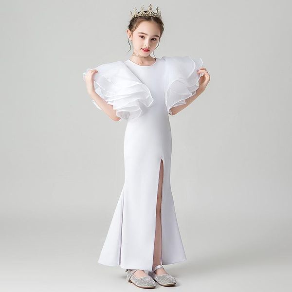 

girl's dresses elegant lotus sleeves mernaid dress high split flower girl o neck robe for wedding birthday party, Red;yellow