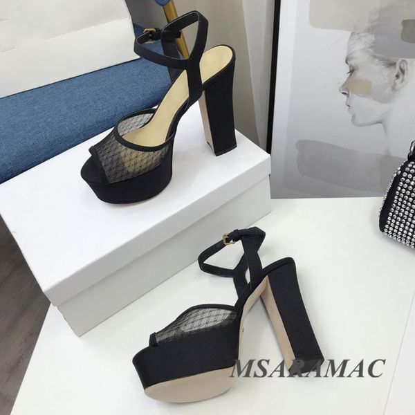 

sandals 2021 summer fashion mesh thick-soled square heel women waterproof platform leather round open toe party shoes, Black