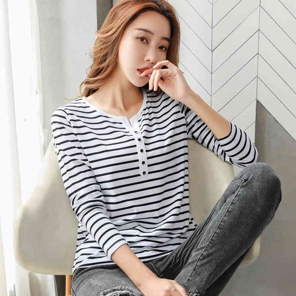 

women's sweaters shinx striped female t-shirt, v-neck, plus size button, long sleeve, autumn , cotton, korean style, women's t-shi, White;black