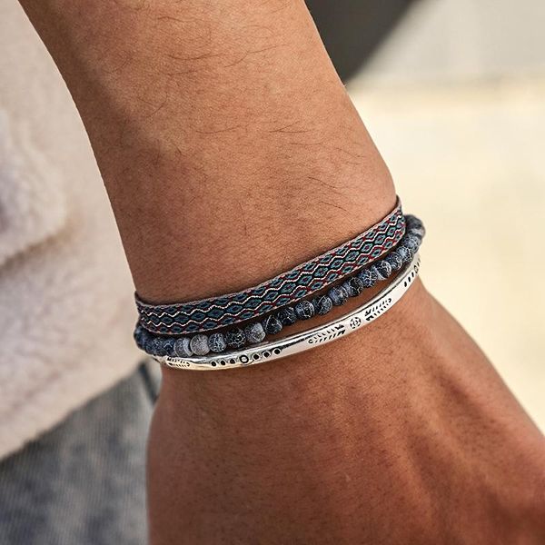 

3pcs/ set tibetan buddhism lucky knot rope men' s bracelet natural weathered agate beads hand carve cuff on beaded, strands, Black