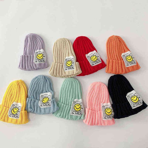 

9 color new korean design beanie hats for kids children big smile letter cute knitted caps thick twist fluorescent color y21111, Blue;gray