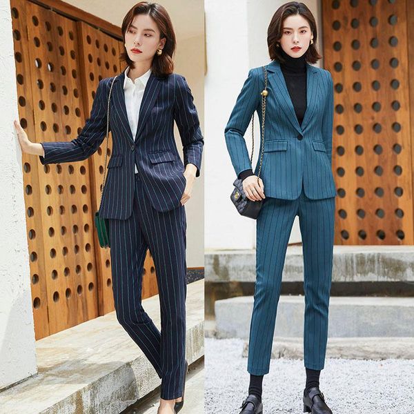 

women stripe blazer suit for office ladies 2 pieces set women's two piece pants, White