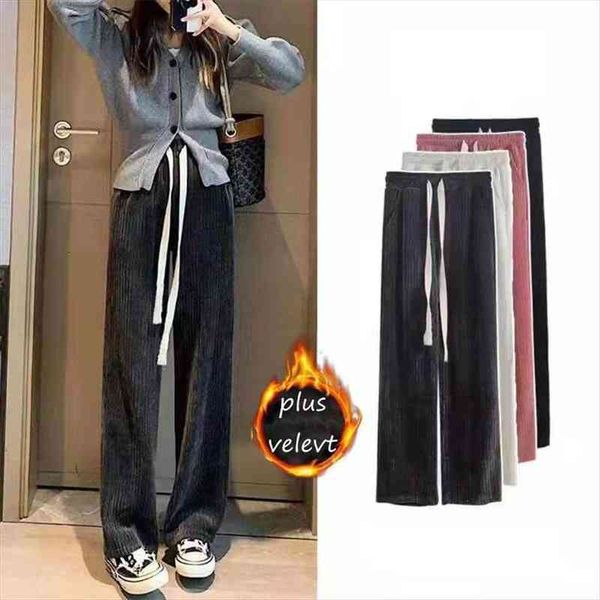 

winter corduroy high waist womens capris loose autumn vintage wide leg plus velvet warm drawstring female, Black;white