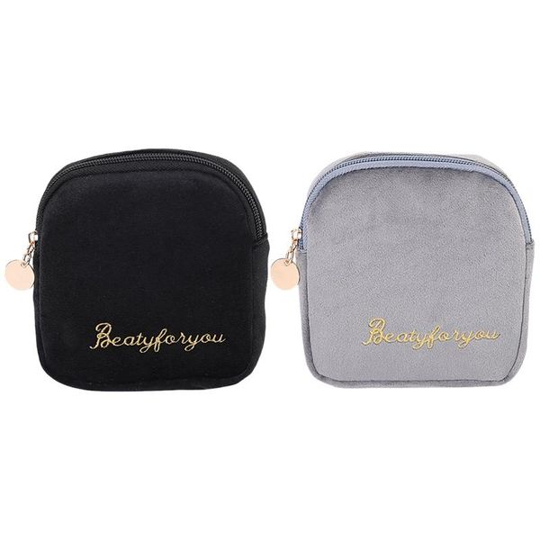 

2pcs mini solid cosmetic bag velvet toiletry make up storage organizer travel case beauty gray & black bags cases