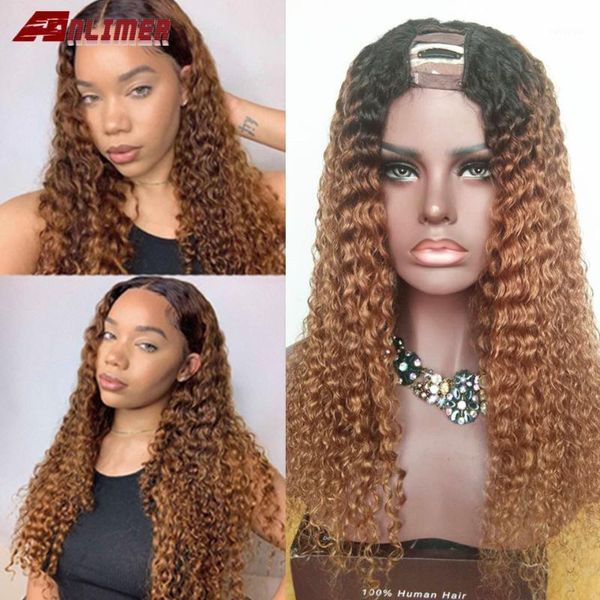 

180% density u part wig brown ombre curly human hair color 1b#t30# glueless brazilian remy 2*4'' for women1, Black;brown