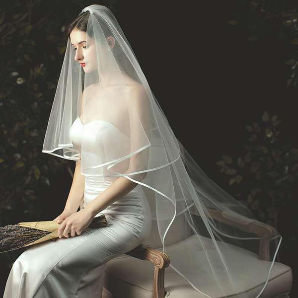 

bridal veils 2 layers 120cm wedding veil with comb ribbon edge soft tulle white ivory headdress marriage hair bride accessories, Black