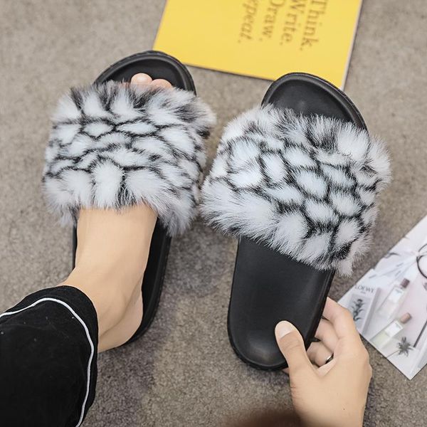

imitation fur slippers faux furry fluffy women slides sandals indoor shoes for female slip on flip flops, Black