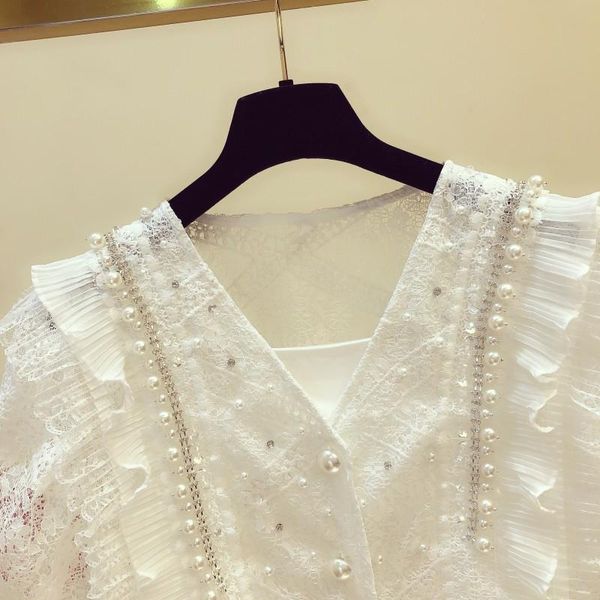 

women's blouses & shirts white pink lace shirt women 2021 summer beaded v-neck all-match loose cutout blouse blusas mujer nancylim