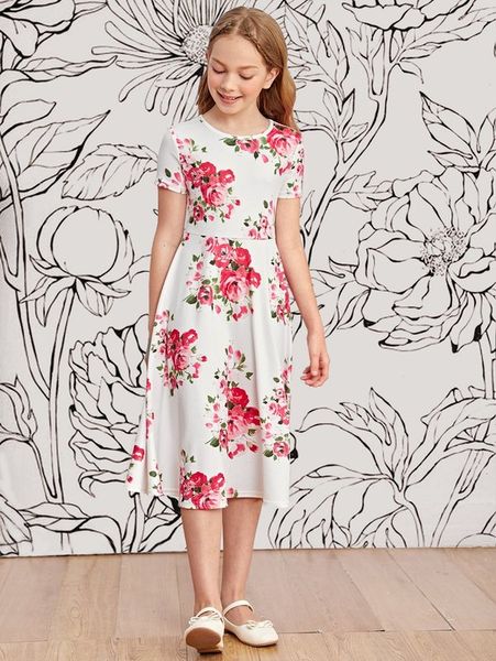 

girls round neck floral print dress she, Red;yellow