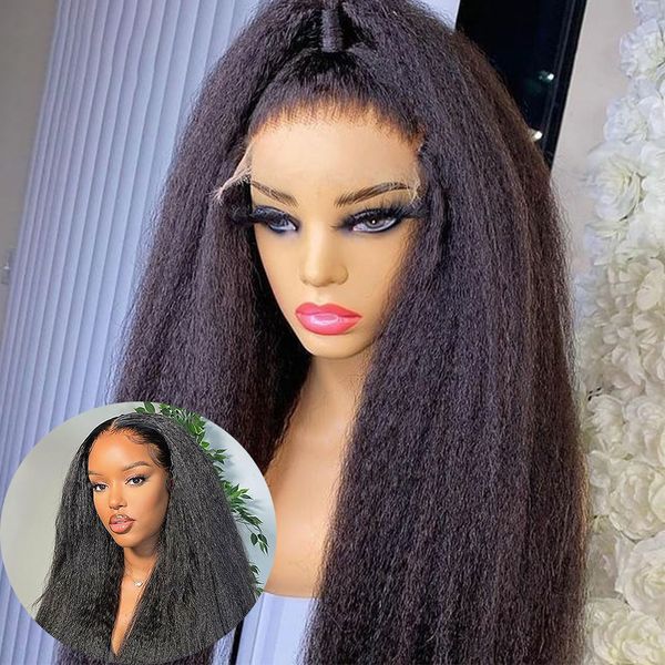 

lx brand 180%density 26inch long middle part yaki black kinky straight lace front hair for women babyhair preplucked heat resistant softfac