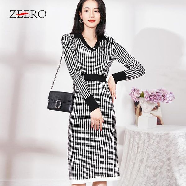 

casual dresses korean version spring autumn female v-neck long sleeve elastic waist base knitting dress for women plaid splicing midi, Black;gray