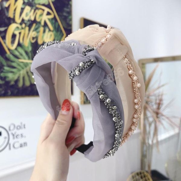 

fashion women hairband classic fresh headband solid color pearls headwear center knot hair accessories, Silver