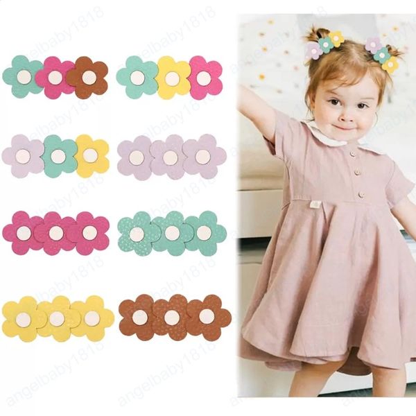 

8 colors baby kids girls barrettes 3 flowers designer quality pu cute princess hairclippers, Slivery;white