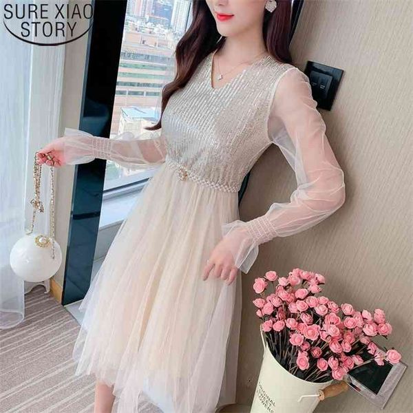 

luxury fashion beading sequined dress sweet mesh women long sleeve apricot es autumn v-neck vestidos 12028 210506, Black;gray