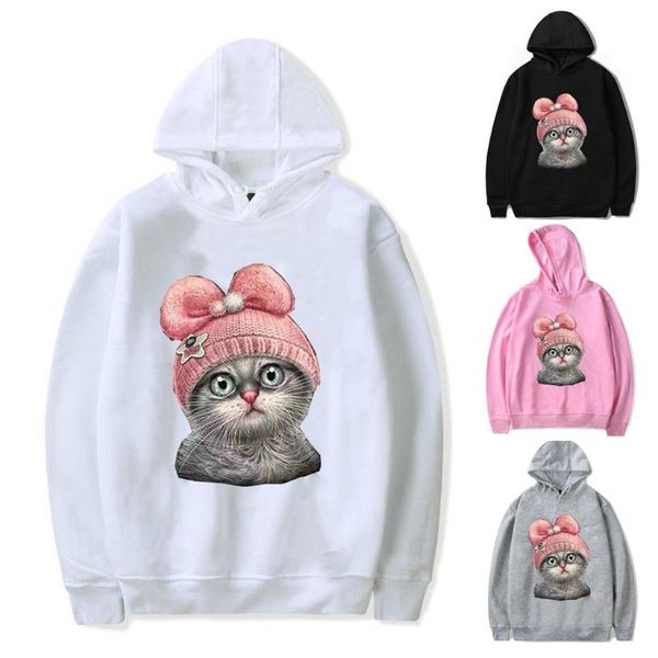 

women's hoodies & sweatshirts print women plus size sweatshirt casual cat long sleeve pullover loose hooded sweater blouse, Black