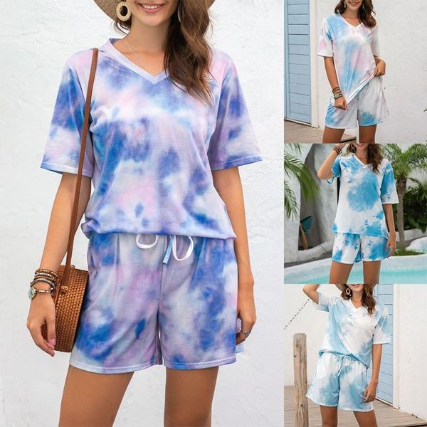 

women's tracksuits summer female sportswear suit tie-dye printing two-piece household sports, Gray