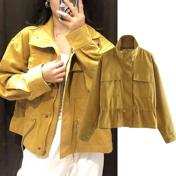 

women's down & parkas autumn pocket drawstring coat plaid print elegant wool jacket autumn long feminino work clothes d5bw, Black