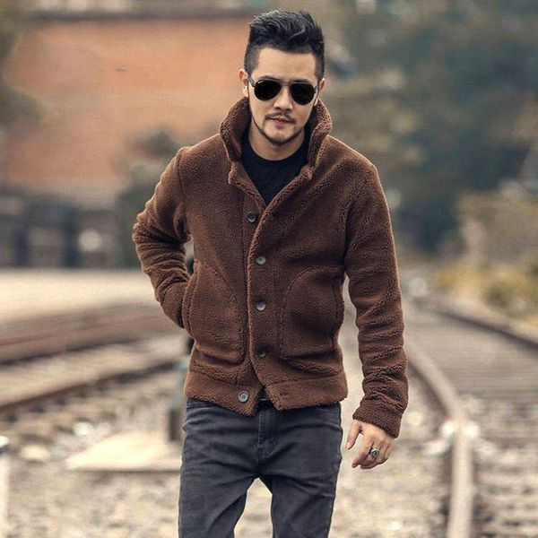 

coats jackets men fleece streetwear long sleeve solid lapel outerwear button up fluffy fashion winter plush overcoats men's, Black;brown