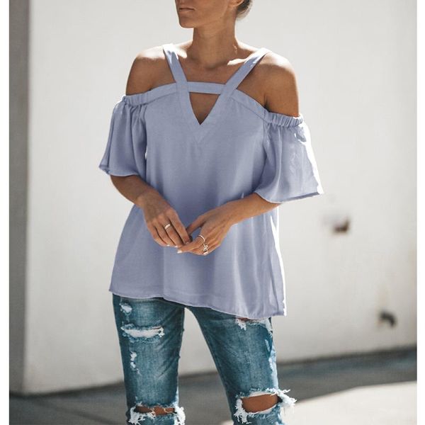 

women's blouses & shirts summer ladies solid color hollow v-neck off-shoulder pullover blouse casual loose short sleeves t-shirt for wo, White