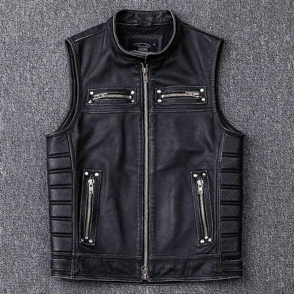 

men's leather & faux 2021 fashion genuine vest men slim fit cowskin motorcycle biker vintage stand collar short coat, Black