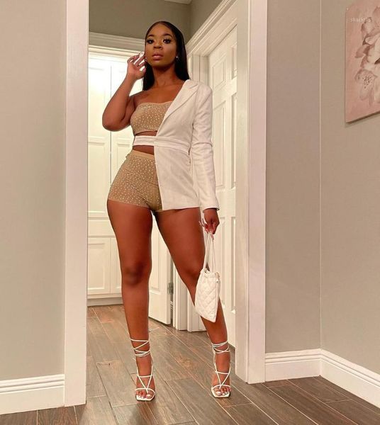 

women's tracksuits suit summer irregular sleeves wrapped chest vest + shorts half sleeve jacket three-piece temperament, Gray