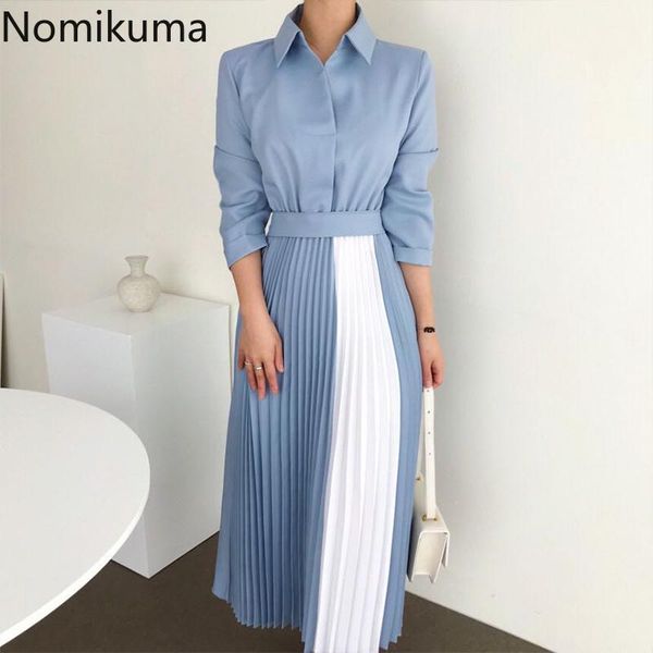

nomikuma turn down collar long sleeve pleated dress office slim waist contrast color elegant maxi dresses korean vestidos 3c869 casual, Black;gray