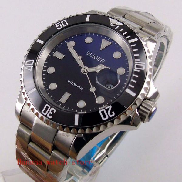 

wristwatches sapphire crystal 40mm gradient black blue date dial men's watch luminous marks miyota automatic movement, Slivery;brown
