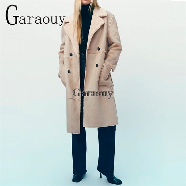 

garaouy women's winter long faux sheepskinn za coat warm suede jacket loose street lamb fur motorcycle biker parkas 211215, Black