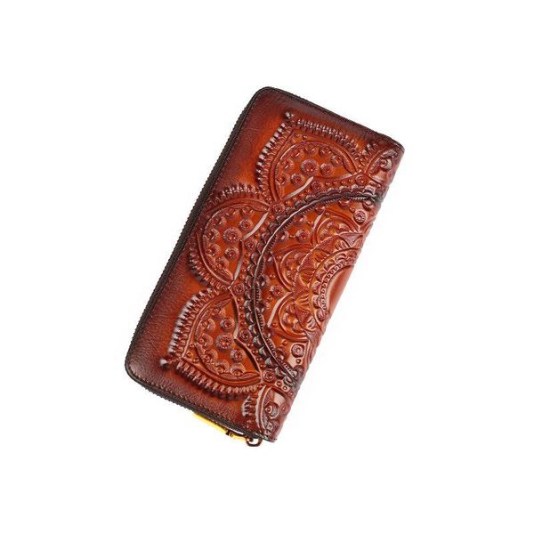 

wallets ladies wallet long clutch bag genuine leather embossed zipper retro ethnic style purse, Red;black