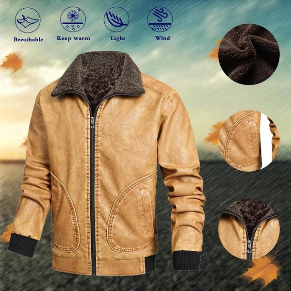 

men's jackets leather jacket autumn and winter leisure cashmere zipper turndown collar pocket coat vintage street, Black;brown