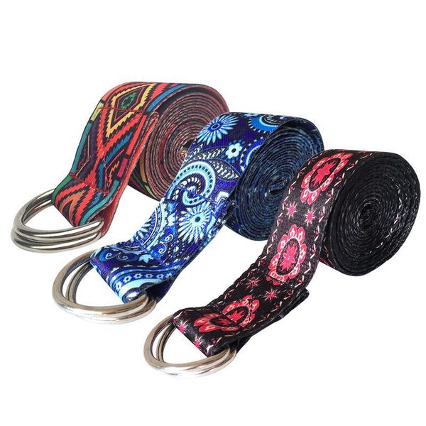 

color pattern stretchy yoga band durable cotton exercise strap adjustable d-ring buckle gives flexibility for resistance bands