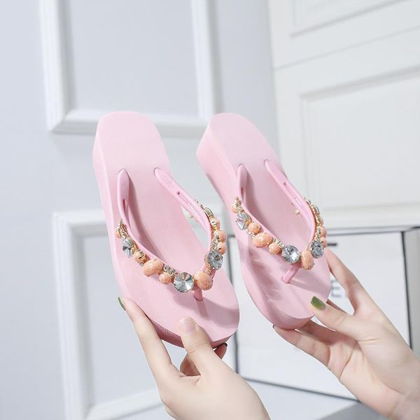 

slippers crystal clip toe wedges heels shoes women beads flip flops girls platform sandals pearl diamond creepers slides woman, Black