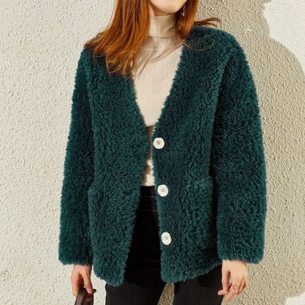 

women's fur & faux 2021autumn winter women genuine wool button v-neck jackets lady real shearing sheep coats female psolid ocket outerw, Black