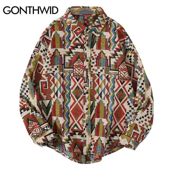 

gonthwid national style knitted geometric patterns color block button shirts harajuku casual long sleeve tees streetwear 210331, White;black
