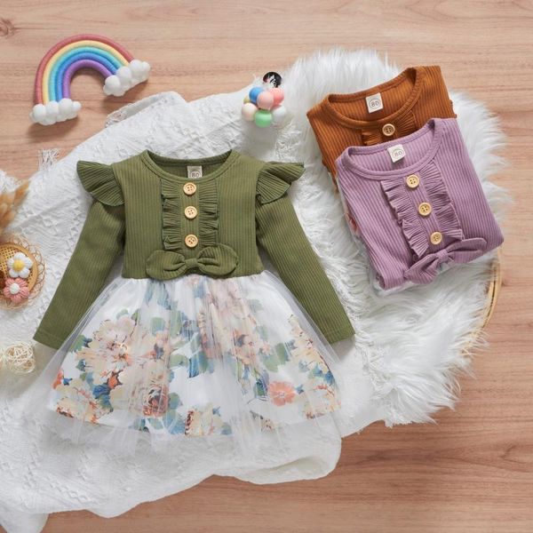 

girl's dresses kids autumn dress ribbed floral stitching o-neck long sleeves ruffled casual gauze skirt for girls 9 months to 4 years, Red;yellow