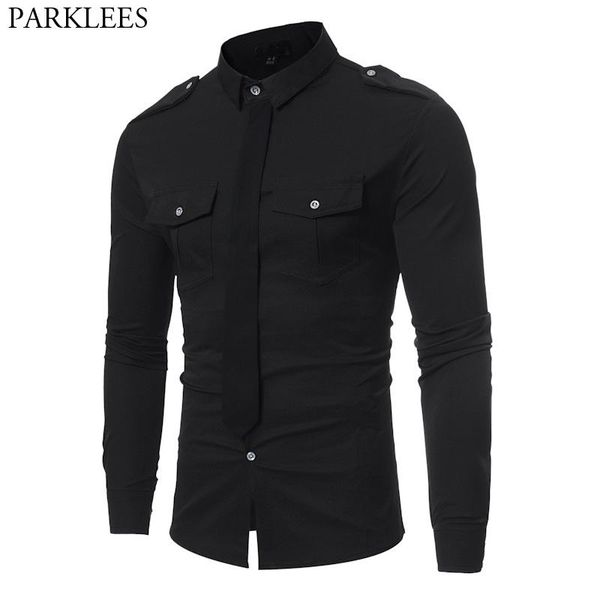 Camisas de vestido masculinas bolso estilo militar camisa preta homens casual contraste cor gravata falsa social masculino slim fit manga longa chemis