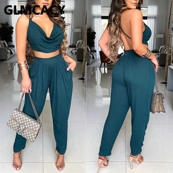 

two piece summer chic suits backless crop & slim casual pants set 210702, White
