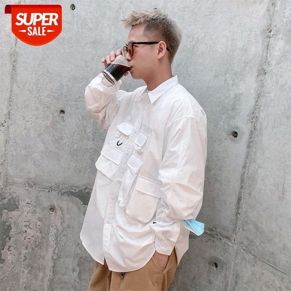 

american street personality multi-pocket design white shirt men's japanese tooling loose #hk7c, White;black