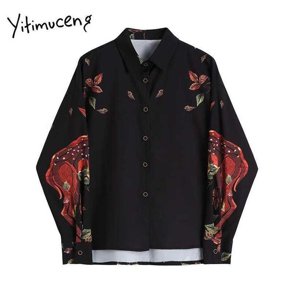 

yitimuceng vintage floral print blouse women button up shirts oversize turn-down collar long sleeve summer fashion 210601, White