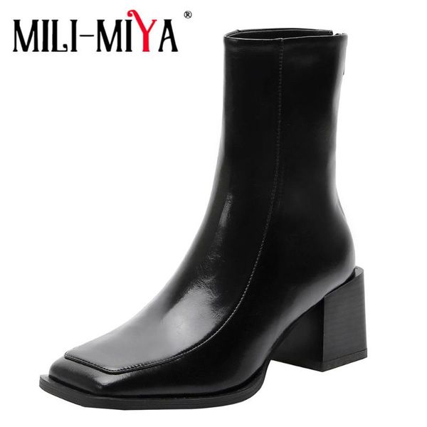 

boots mili-miya classic style block heels good quality leather ankle autumn square toe black party zipper ladies customized shoe