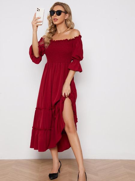 

casual dresses women spring autumn red slash neck off shouder vestidos 2021 ruffles ladies elastic chest and waist dress robe femme, Black;gray