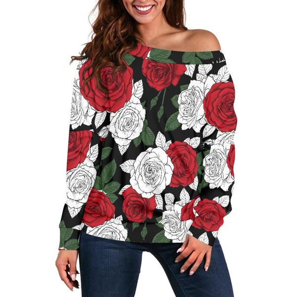 

Women's Blouses & Shirts Cottagecore Sexy Off Shoulder T For Female Red Rose Floral Printed Women Green Loose Tops Spring Long Sleeve Clothi, White