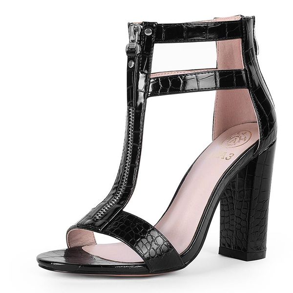 

sandals women's shoes summerbig size solid colorround head thick high-heeled european and american style front zipper women, Black