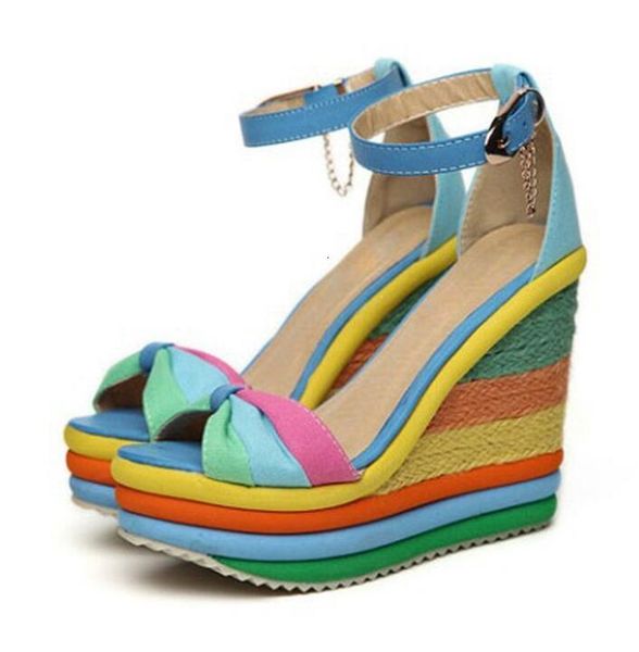 

raiow color sandals platform wee heel bohemia casual summer peep toe buckle shoes woman big size, Black
