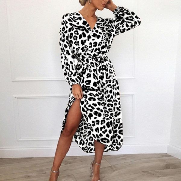 

casual dresses leopard dress 2021 spring fashion women chiffon long beach loose sleeve deep v-neck a-line party s-2xl, Black;gray