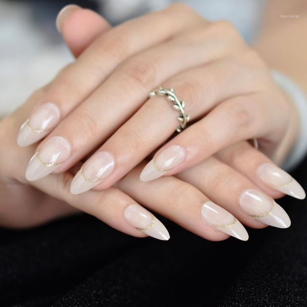 

sharp linen designed french nail gold glitter stylish shiny pointed tip adhesive good-looking press on nails1, Red;gold