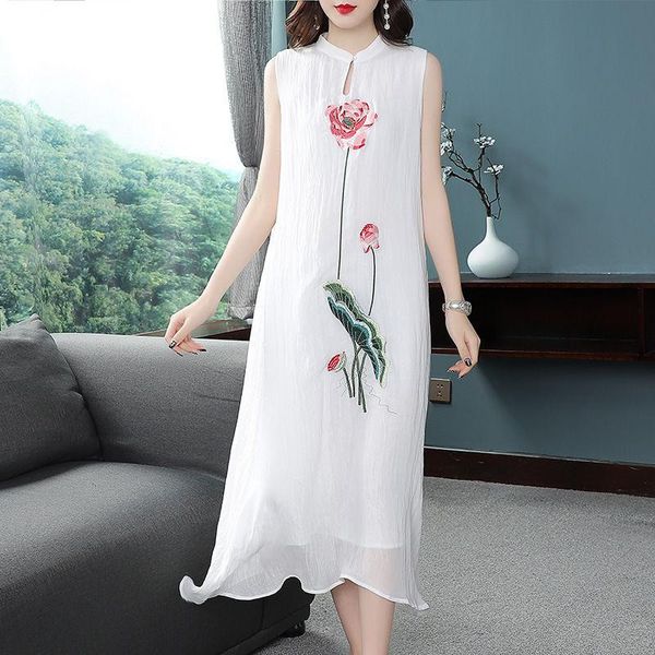

casual dresses 2021 summer style chinese temperament embroidered mrs. wide cheongsam sleeveless vest chiffon dress, Black;gray