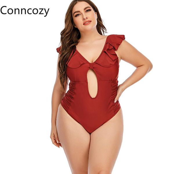 

one-piece suits plus size women's swimwear conservative solid color oversized swimsuit ruffle monokini bodysuit bathing suit l-5xl
