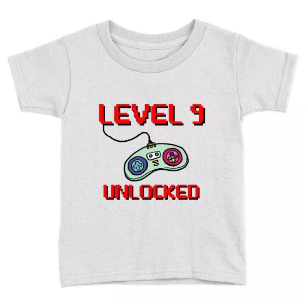 

level 9 kids t-shirt 9th birthday years old cute present top, White;black